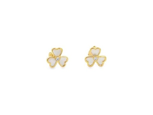 18K Yellow Gold Clover Mother of Pearl & Natural Diamond Stud Earrings